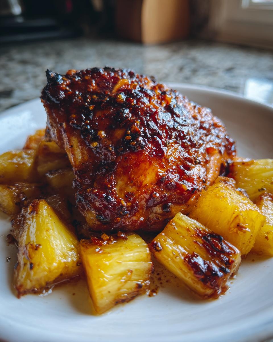 Close-up of a piece of Baked Jamaican Pineapple Jerk Chicken with a dark, caramelized glaze served over chunks of pineapple.