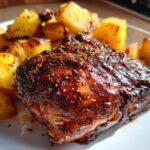 Close-up of a piece of Baked Jamaican Pineapple Jerk Chicken with a dark, glossy glaze next to roasted pineapple chunks.