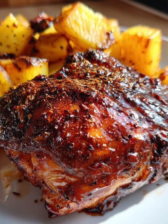 Close-up of a piece of Baked Jamaican Pineapple Jerk Chicken with a dark, glossy glaze next to roasted pineapple chunks.