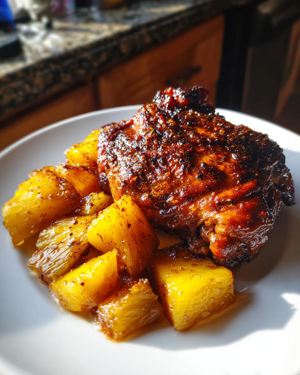 Close-up of a piece of Baked Jamaican Pineapple Jerk Chicken with caramelized glaze next to pineapple chunks.