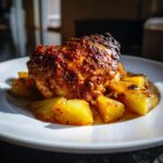 A piece of richly spiced Baked Jamaican Pineapple Jerk Chicken served over roasted pineapple chunks on a white plate.