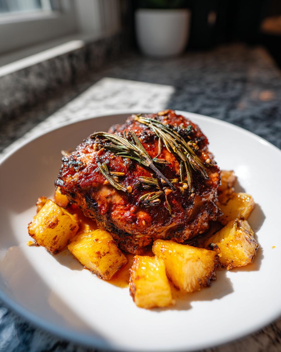 A serving of glazed Baked Jamaican Pineapple Jerk Chicken topped with rosemary sprigs and surrounded by caramelized pineapple chunks.
