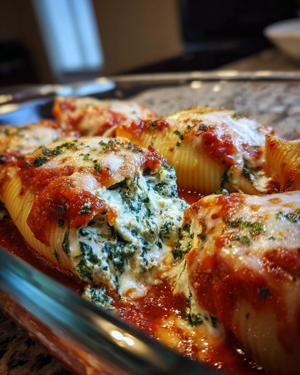 Close-up of baked Stuffed Shells Florentine overflowing with ricotta and spinach filling, topped with marinara sauce and melted mozzarella.