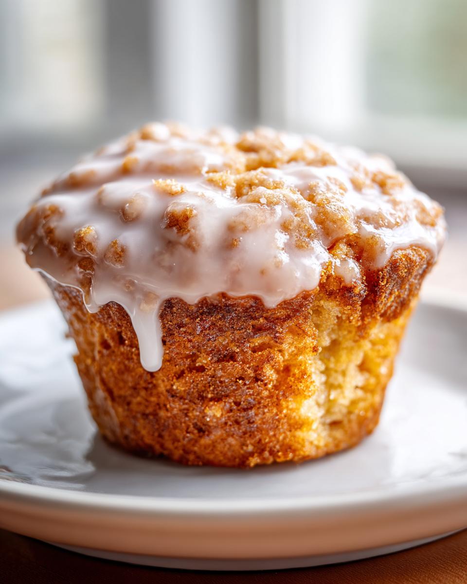 A close-up of one golden-brown Baked Vanilla Glazed Donut Muffin topped with thick vanilla icing.