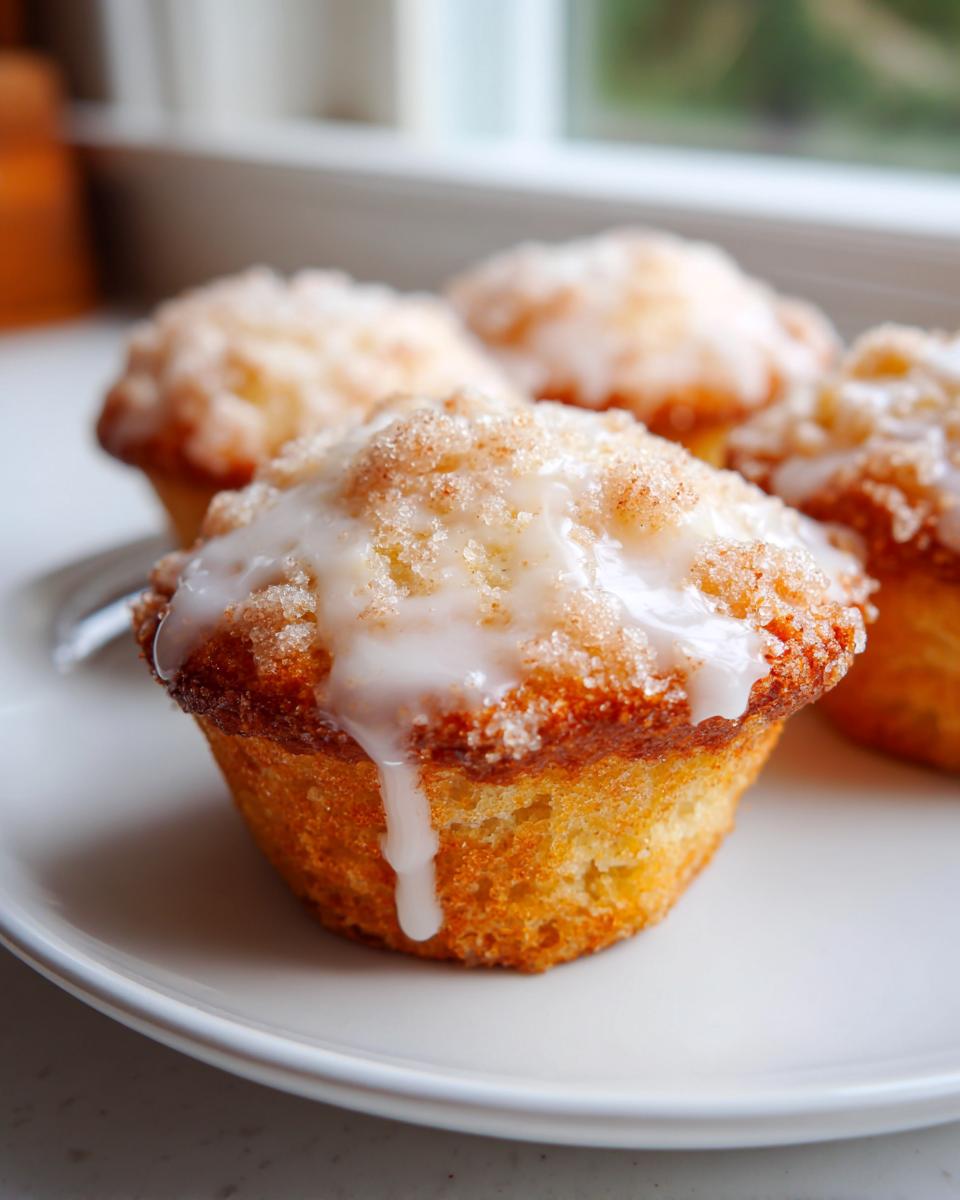 A close-up of a freshly baked vanilla glazed donut muffin topped with cinnamon sugar and dripping with white icing.