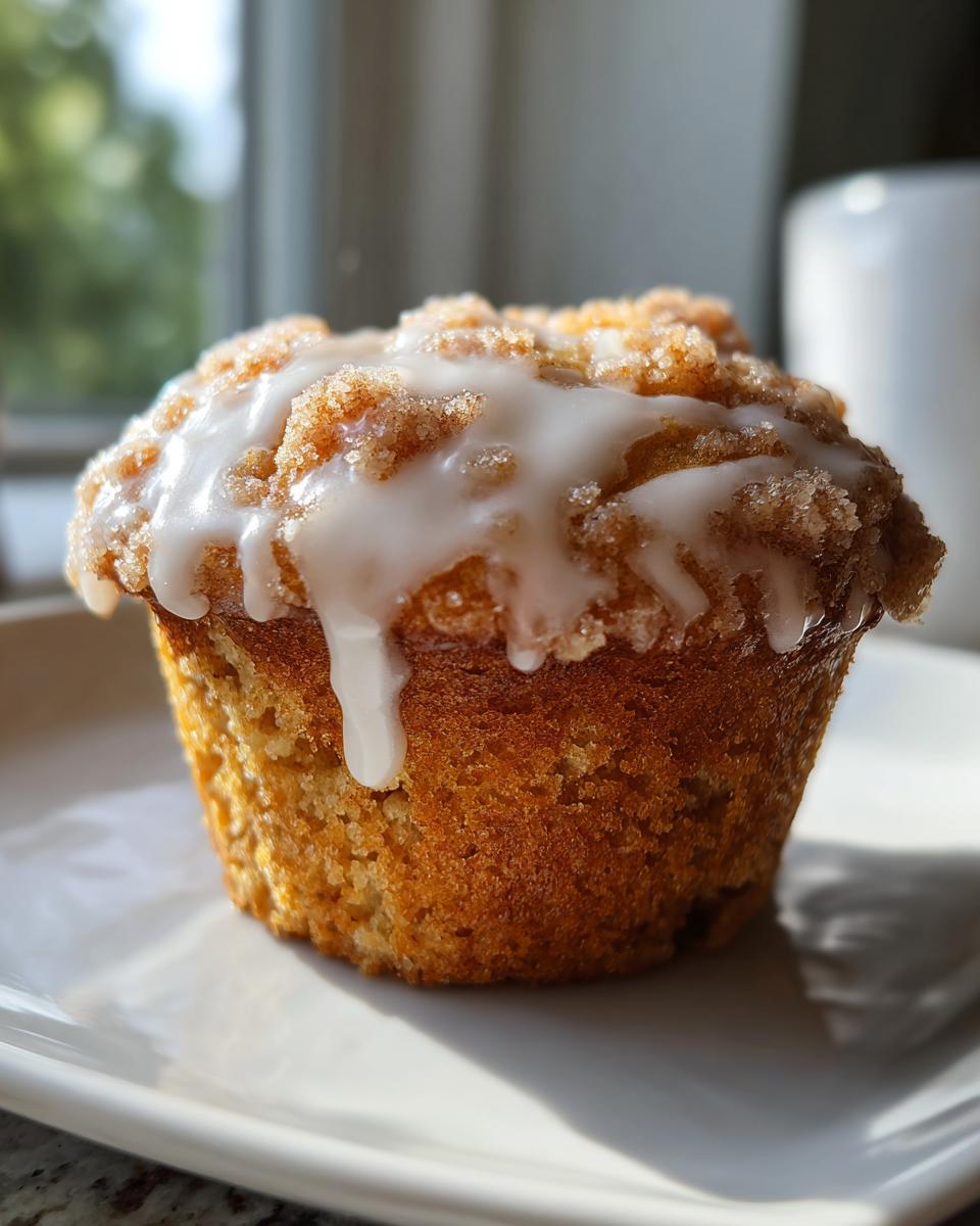 A single, golden-brown Baked Vanilla Glazed Donut Muffin topped with crumb topping and dripping white glaze.