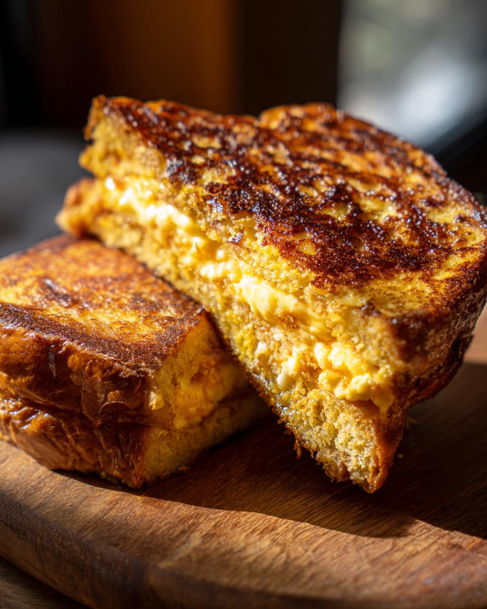 Two halves of golden-brown Banana Bread Stuffed French Toast stacked on a wooden board.