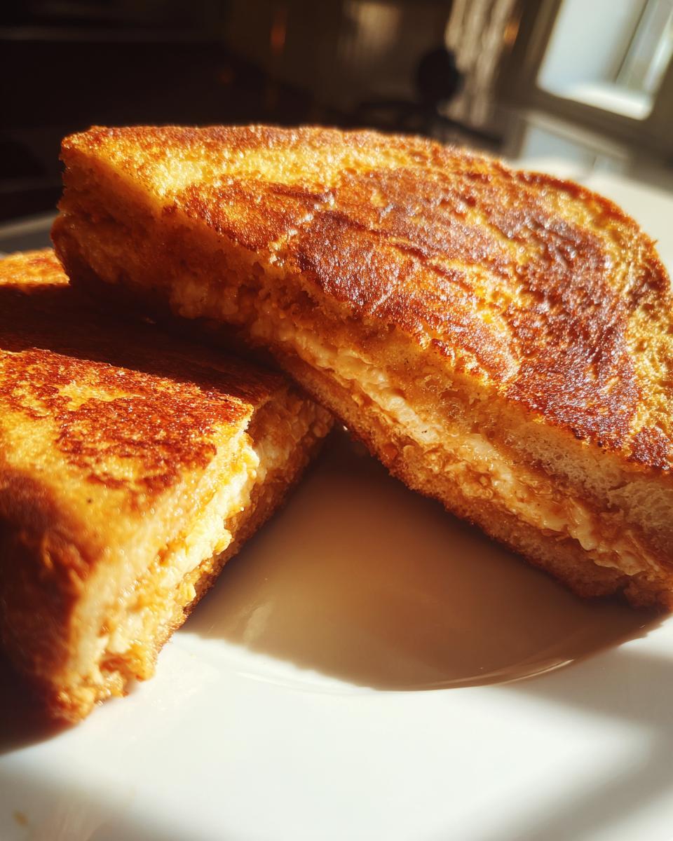 Two halves of golden-brown Banana Bread Stuffed French Toast showing the creamy filling inside, served on a white plate.