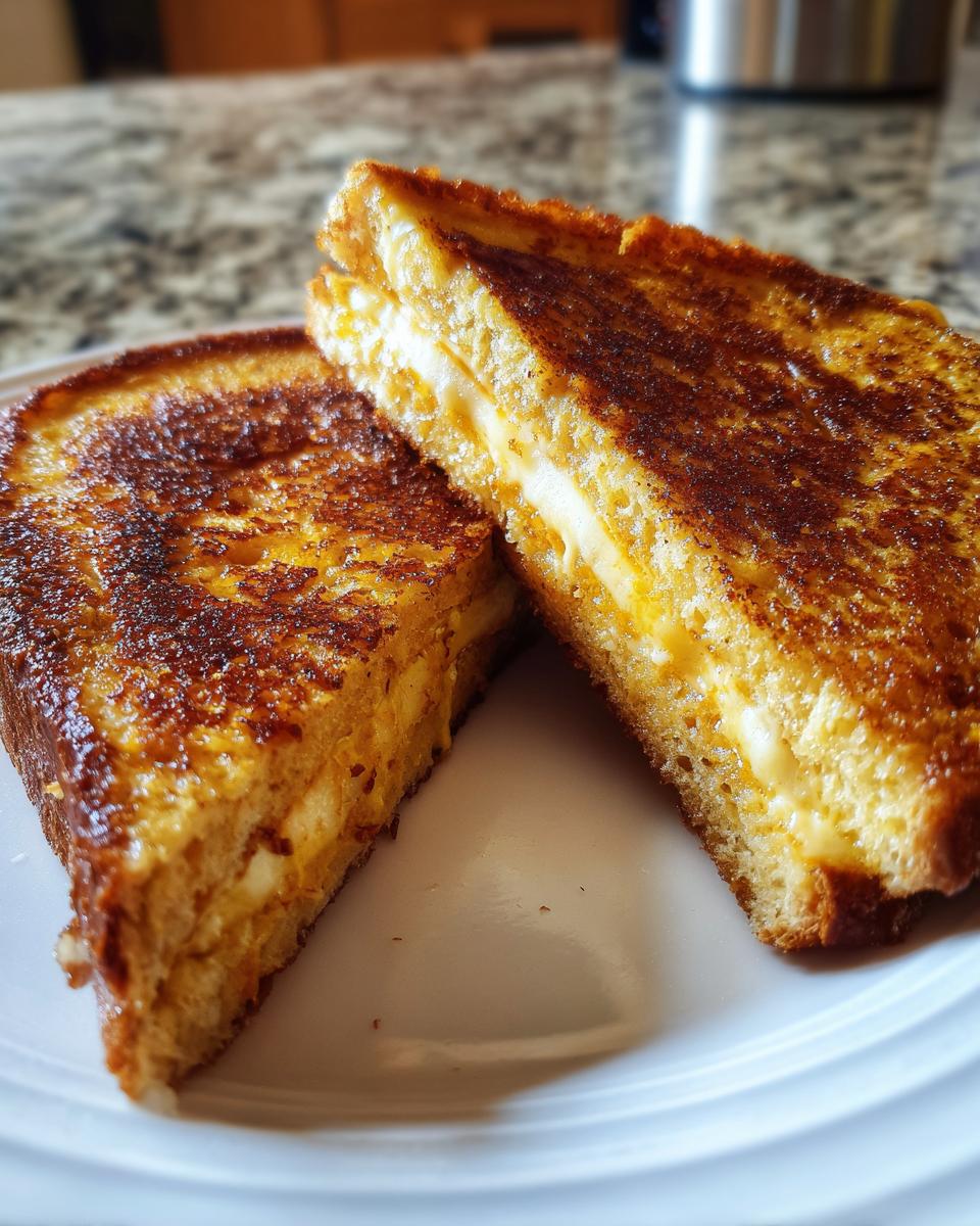Two halves of golden-brown Banana Bread Stuffed French Toast showing a creamy, sweet filling inside.