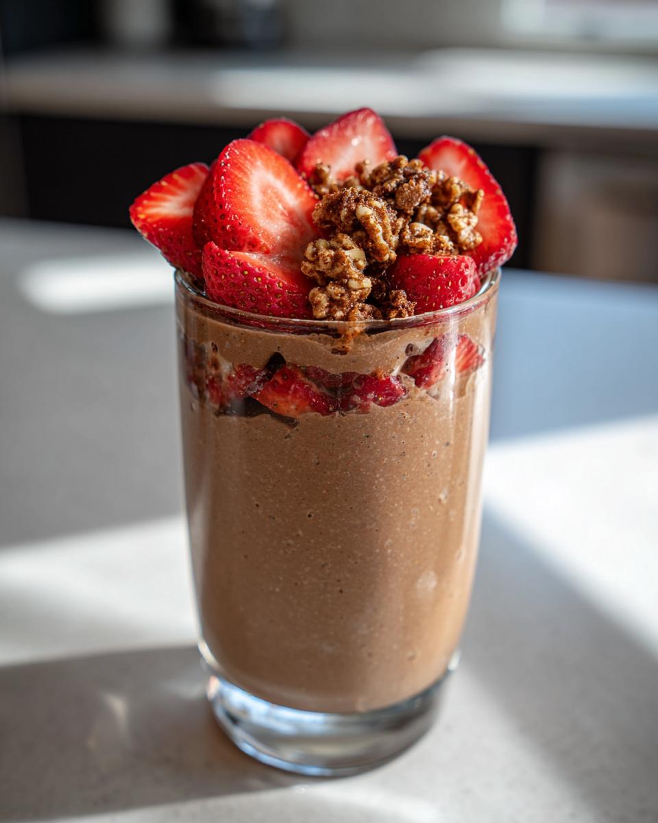 A tall glass filled with a thick, chocolate Banana Split Smoothie, topped with sliced fresh strawberries and granola.