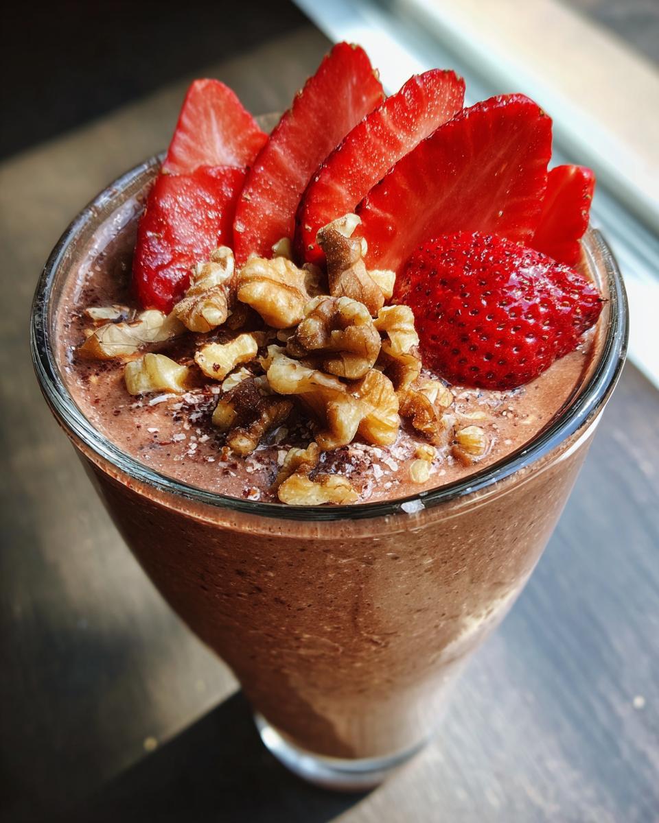 Close-up of a thick, chocolate-colored Banana Split Smoothie topped with sliced strawberries and walnuts.