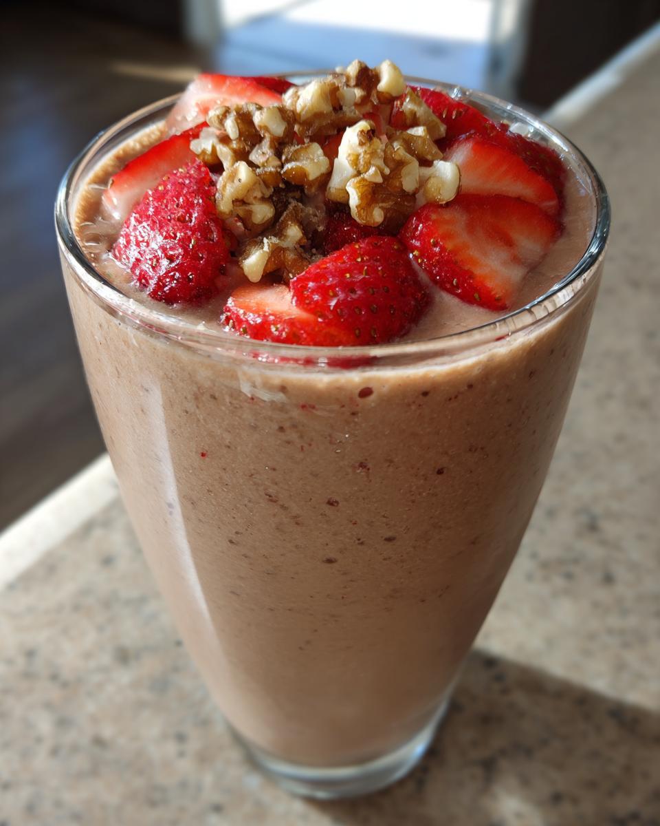 Close-up of a thick, brown Banana Split Smoothie topped with sliced strawberries and chopped walnuts.