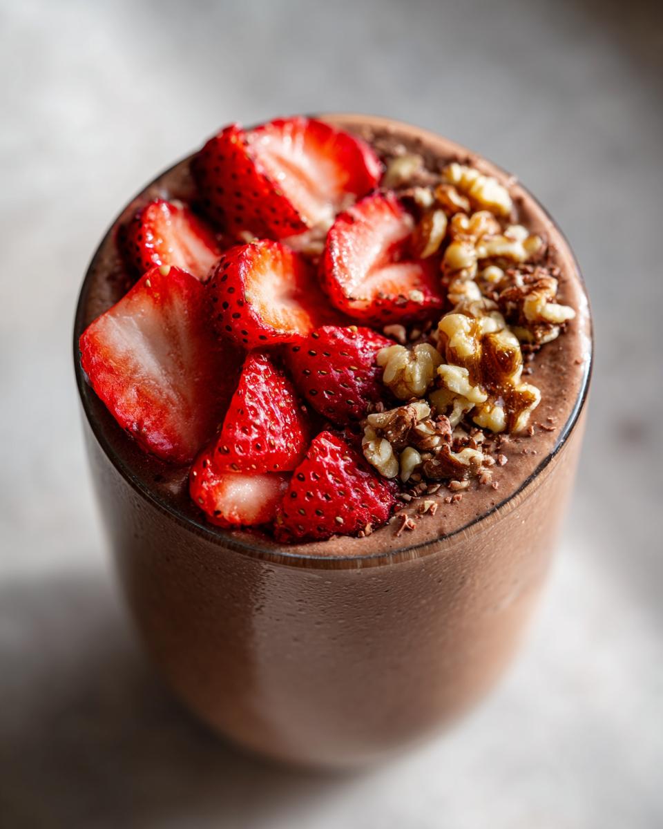 Close-up of a rich chocolate Banana Split Smoothie topped with sliced strawberries and walnuts.
