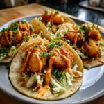 A plate of four crispy Bang Bang Shrimp Street Tacos topped with slaw and drizzled with spicy orange sauce.