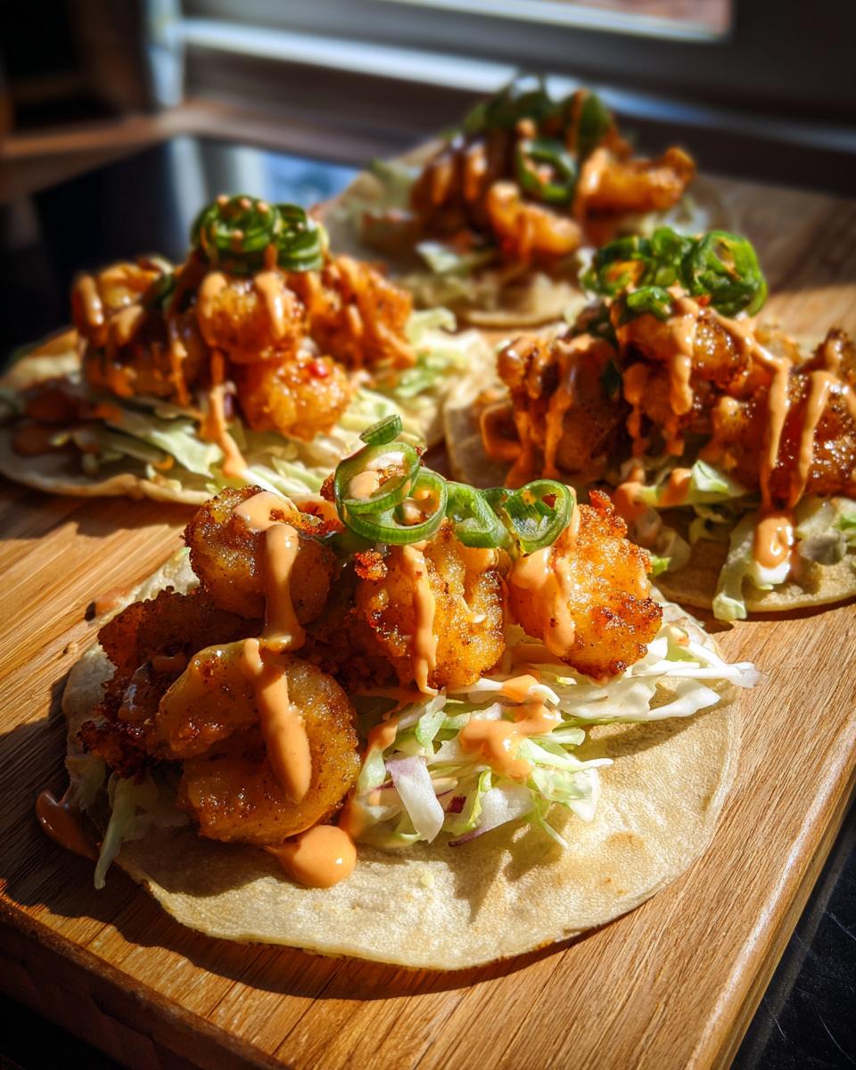 Four crispy Bang Bang Shrimp Street Tacos topped with slaw, spicy sauce, and jalape&ntilde;o slices on a wooden board.