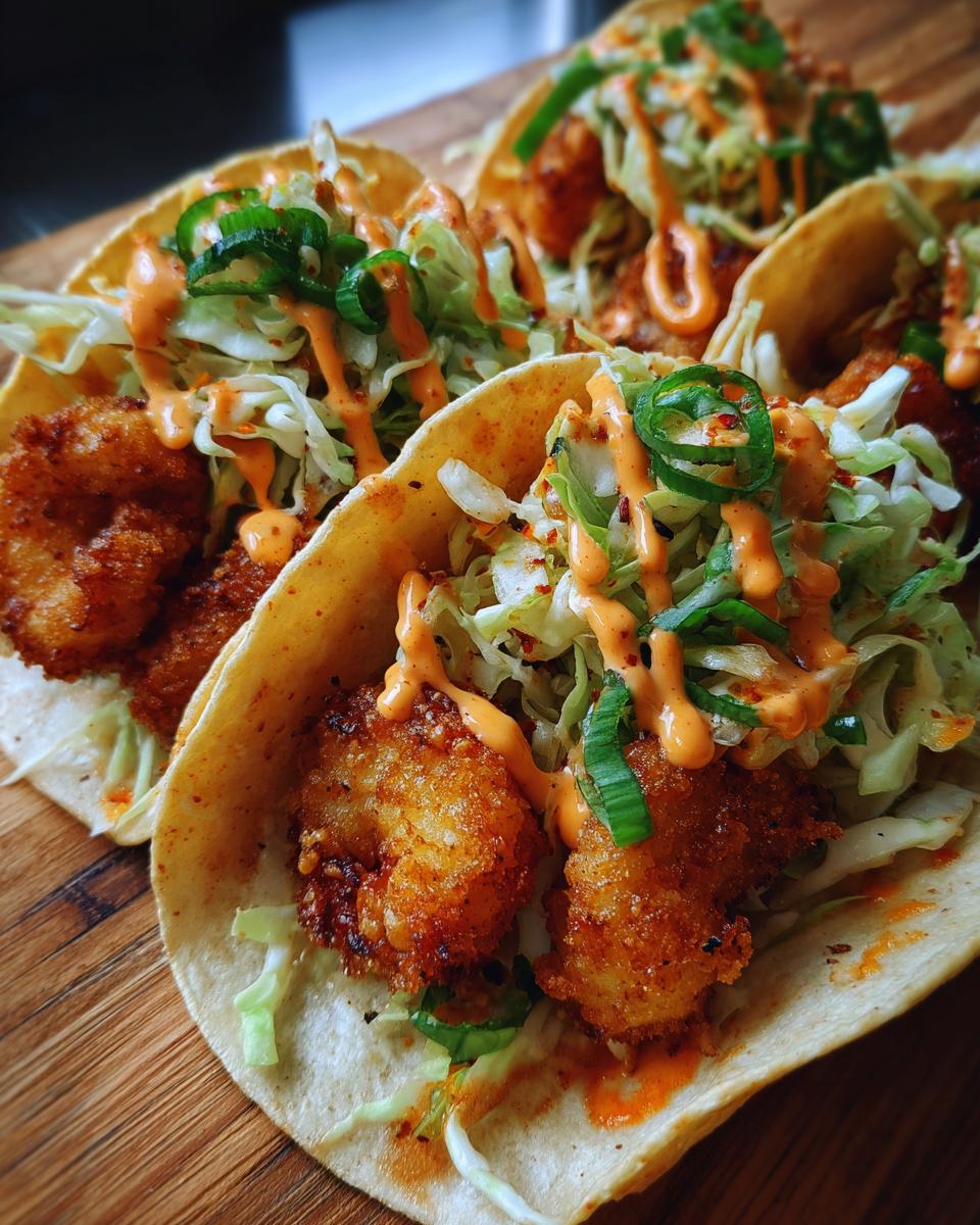 Three crispy Bang Bang Shrimp Street Tacos filled with shredded cabbage, spicy sauce, and jalape&ntilde;os on a wooden board.