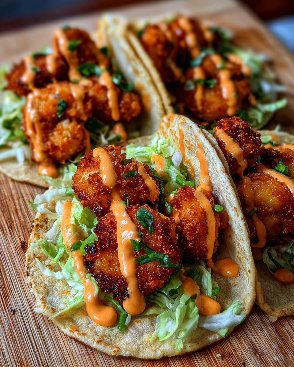 Close-up of crispy Bang Bang Shrimp Street Tacos topped with shredded lettuce and a spicy orange sauce drizzle.
