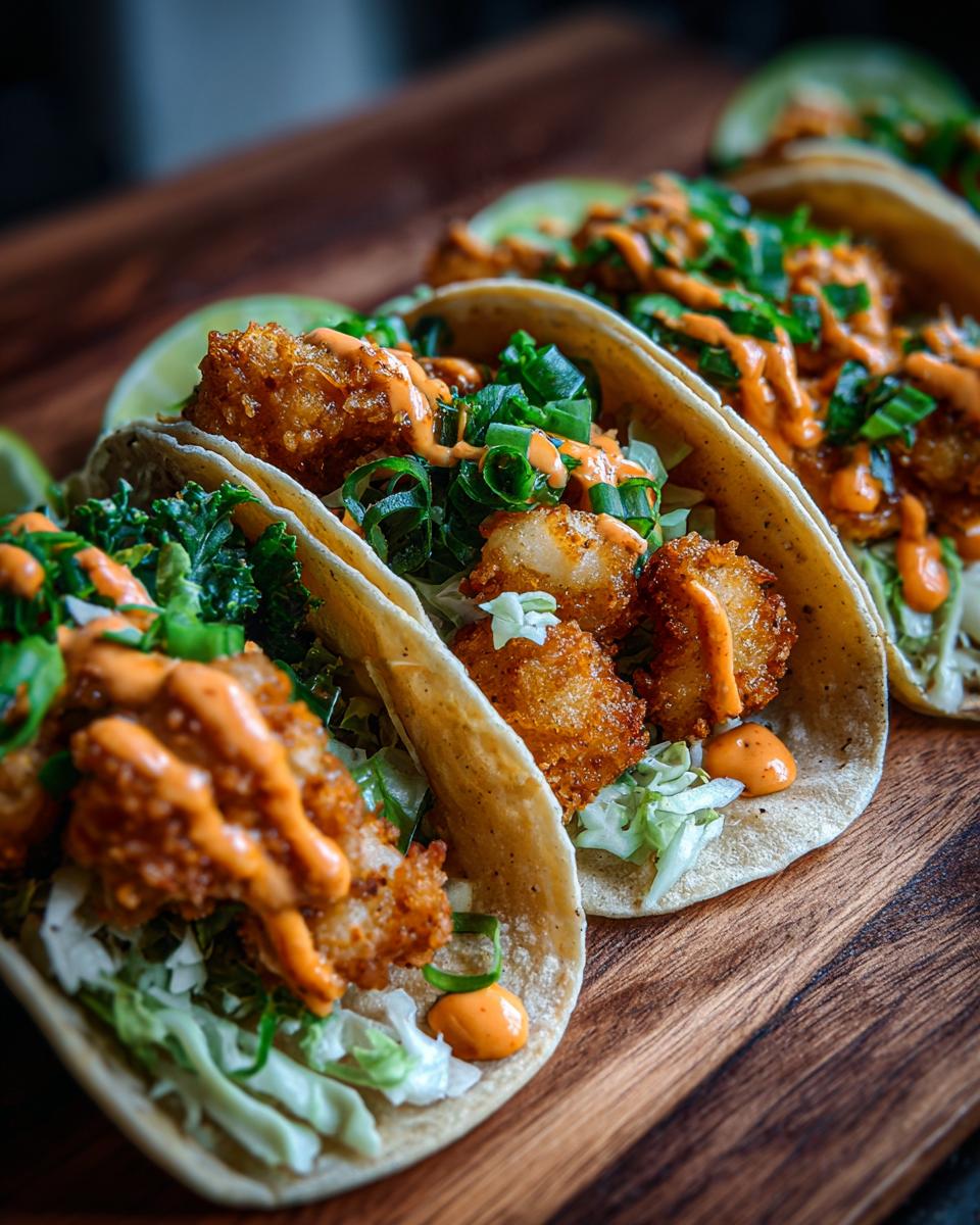 Close-up of three delicious Bang Bang Shrimp Street Tacos filled with crispy shrimp, slaw, and drizzled with orange sauce.