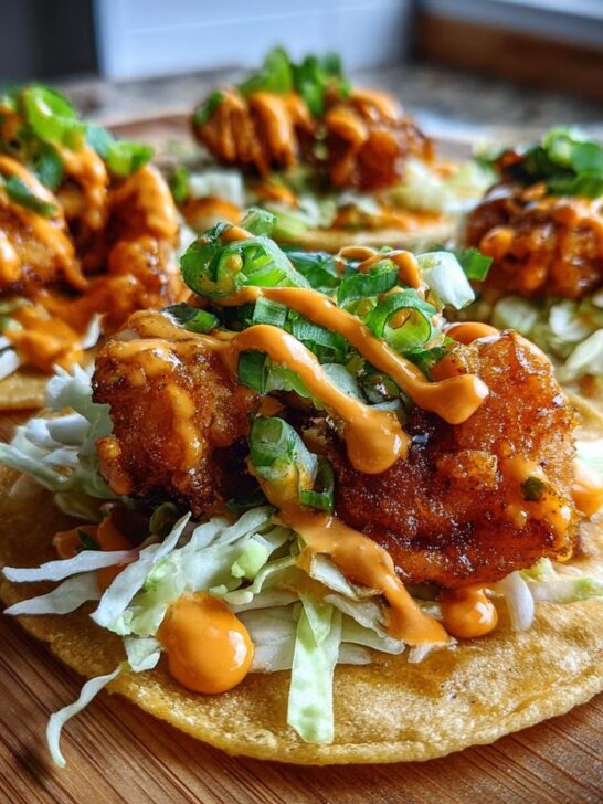 Close-up of four Bang Bang Shrimp Street Tacos topped with shredded cabbage, orange sauce, and green onions on a wooden board.