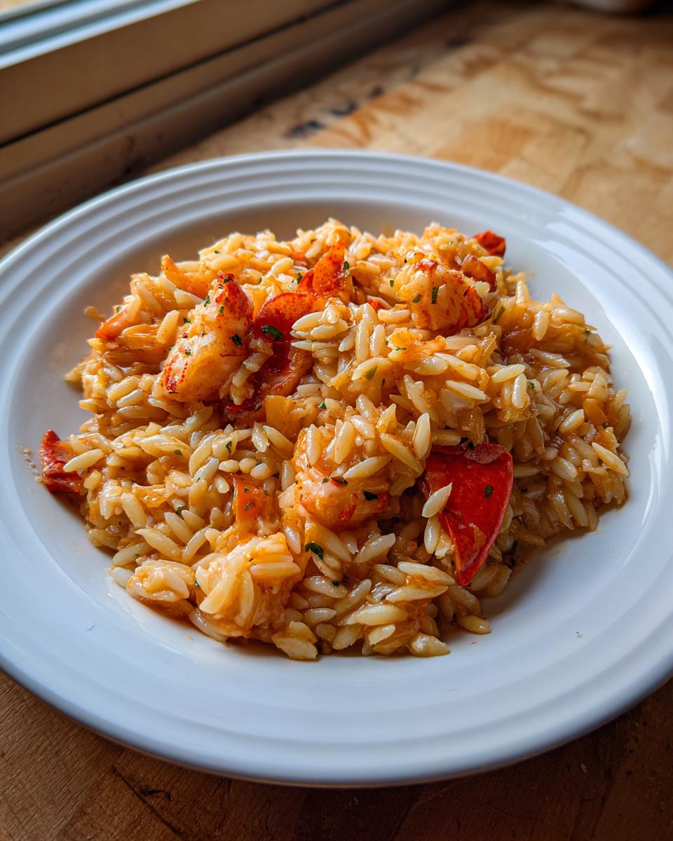 A close-up of BBQ Jerk Lobster Garlic Herb Orzo served on a white plate, featuring bright red lobster pieces mixed with creamy orzo pasta.