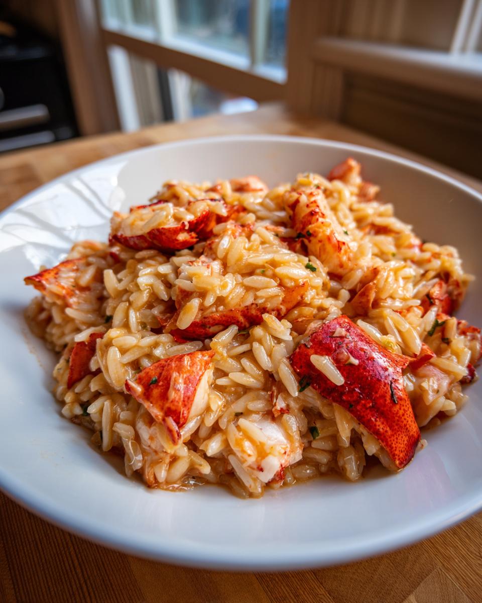 Close-up of BBQ Jerk Lobster Garlic Herb Orzo, featuring bright red lobster pieces mixed with creamy orzo pasta.