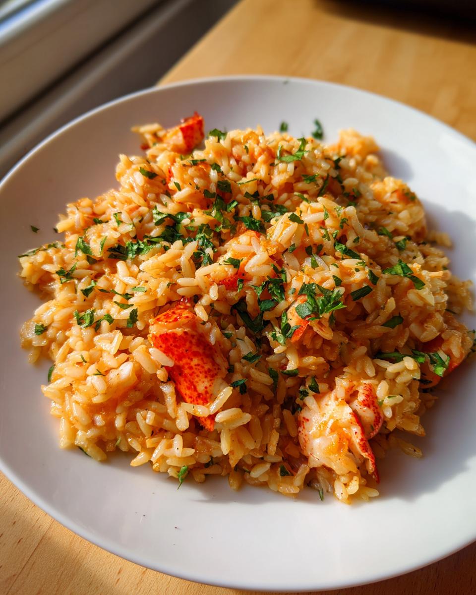 Close-up of BBQ Jerk Lobster Garlic Herb Orzo mixed with chunks of bright red lobster meat and topped with fresh parsley.