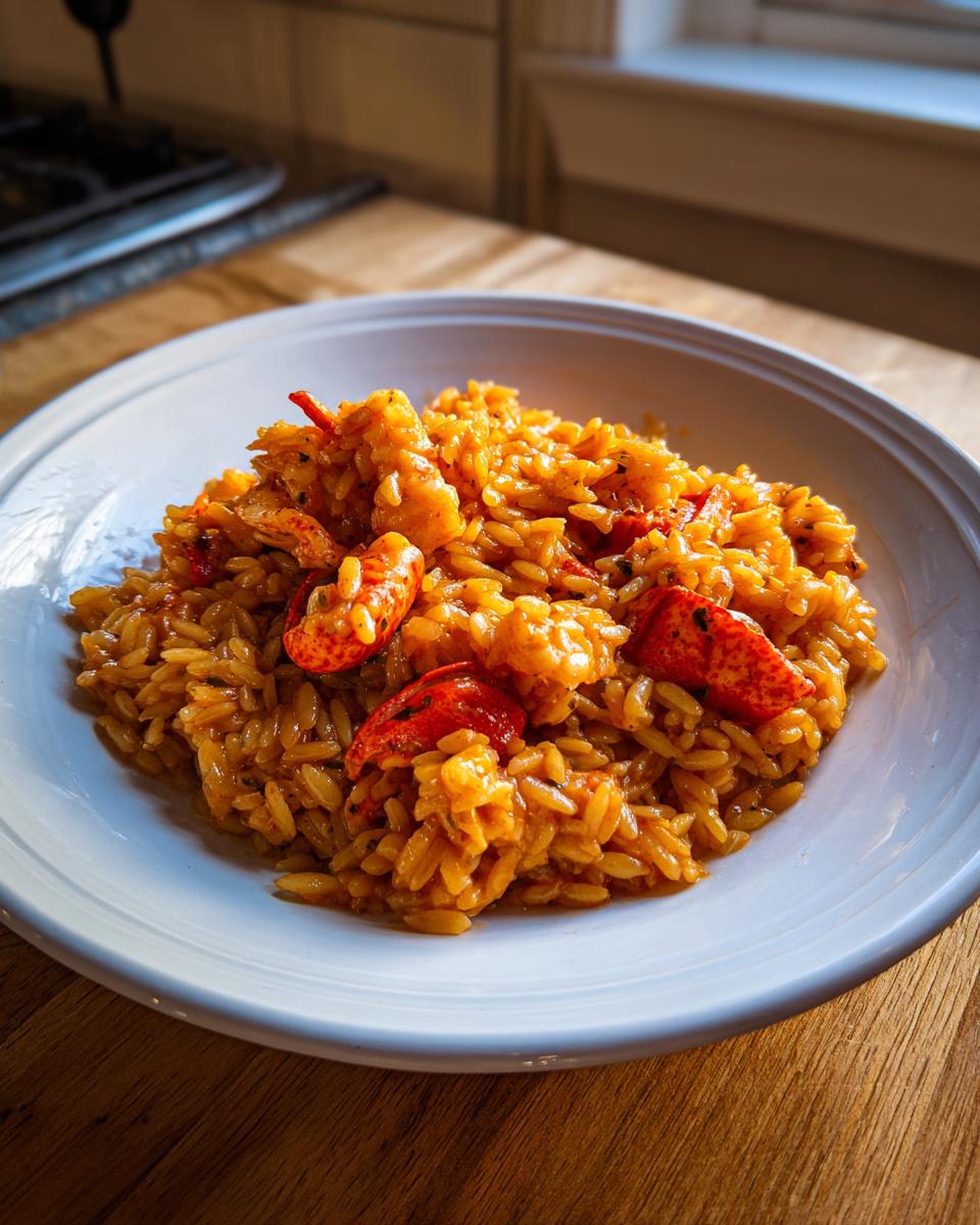 A white bowl filled with rich, orange-hued BBQ Jerk Lobster Garlic Herb Orzo, featuring chunks of bright red lobster meat.