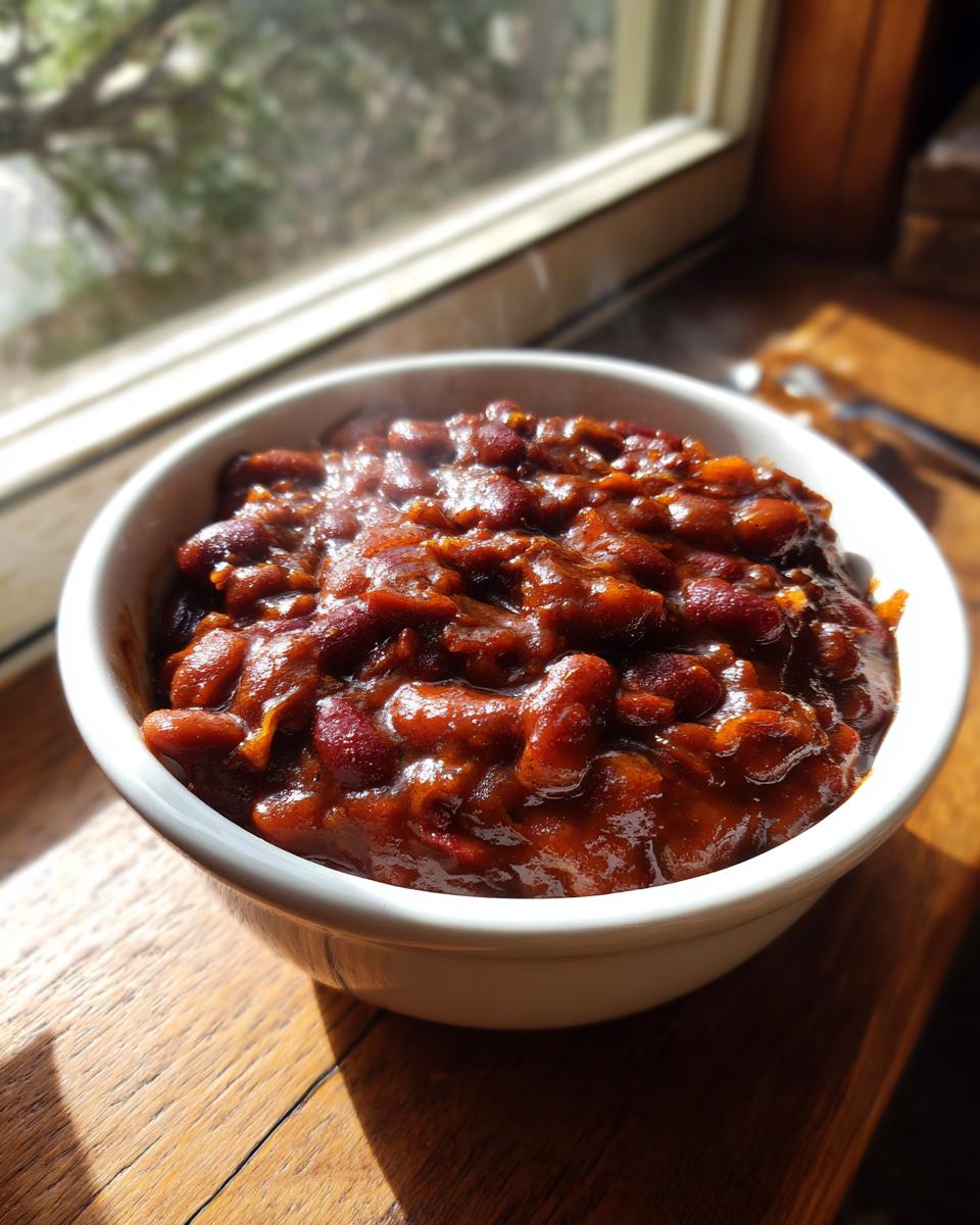 A white bowl filled with rich, saucy BBQ pinto beans steaming slightly, set on a wooden surface near a window.