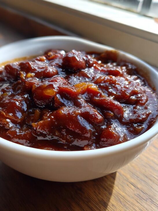 A small white bowl filled with rich, dark, thick BBQ sauce, ready for How To Make BBQ Pinto Beans.