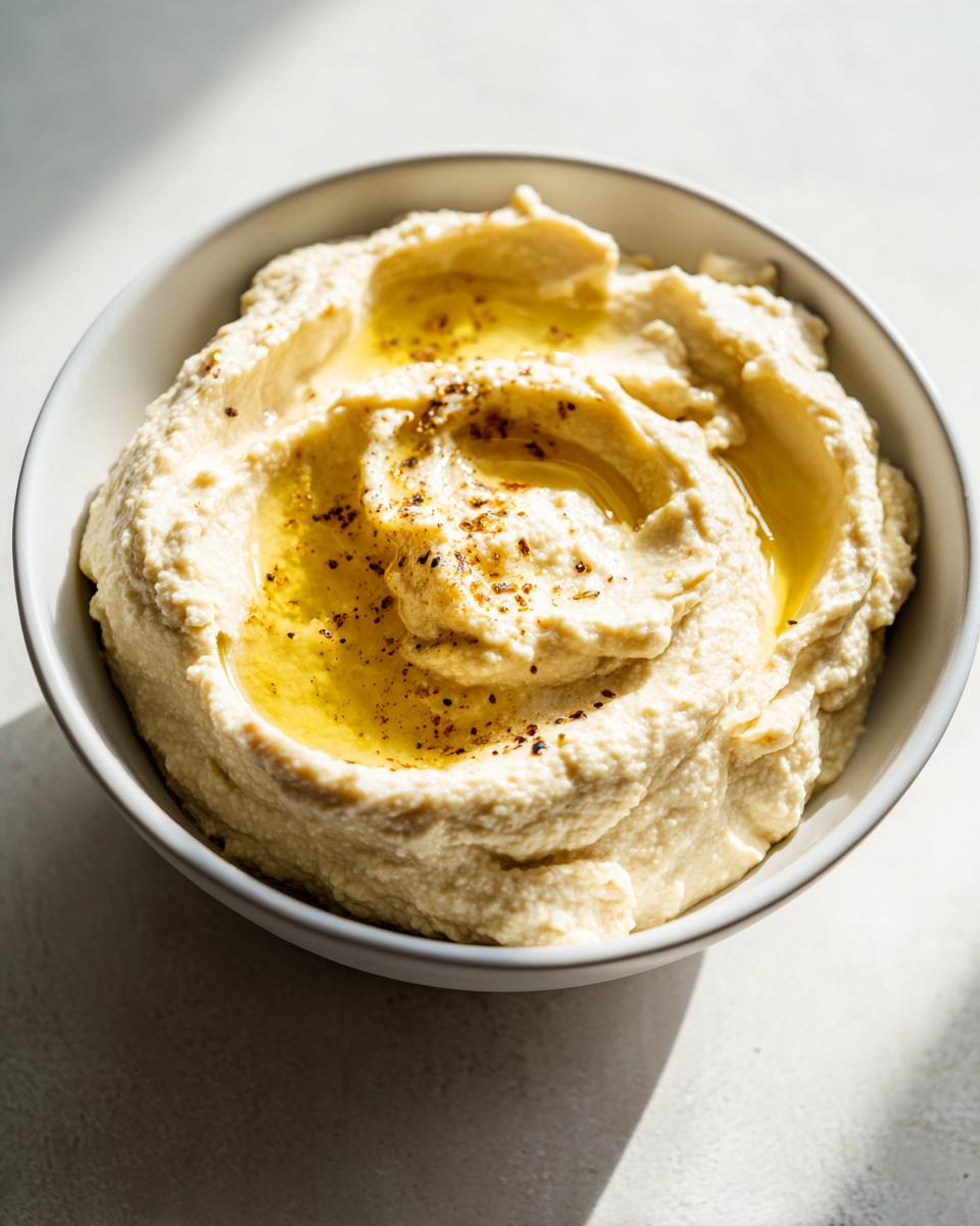 A close-up of a bowl of The Best Classic Hummus, drizzled with olive oil and sprinkled with spices.