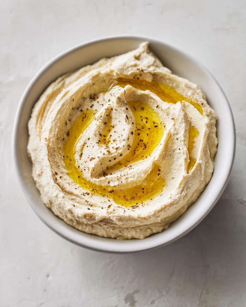 Overhead shot of a bowl of The Best Classic Hummus, swirled and topped with olive oil and spices.