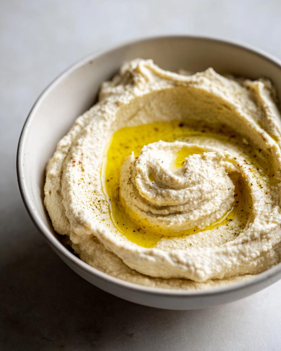A close-up of The Best Classic Hummus swirled in a bowl, topped with a generous drizzle of golden olive oil and spices.