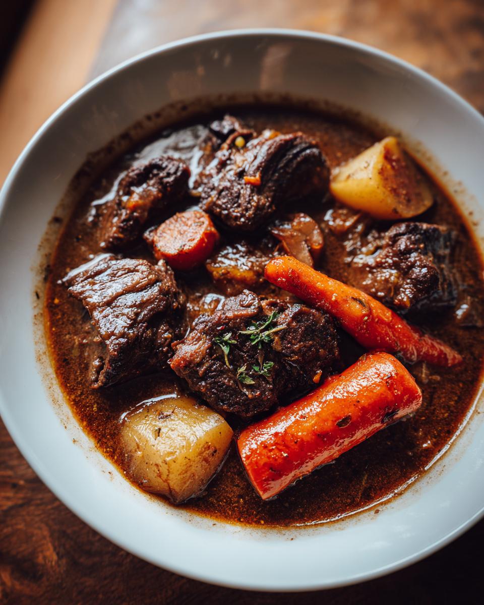Close-up of rich, dark stew featuring chunks resembling meat and large carrots, representing The Best Plant Based Jamaican Oxtail.