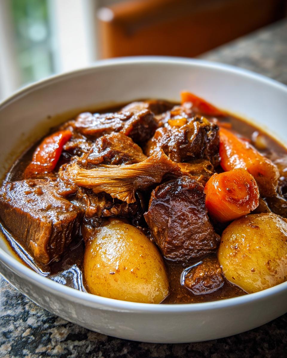 Close-up of The Best Plant Based Jamaican Oxtail stew featuring dark savory chunks, potatoes, and carrots in a white bowl.