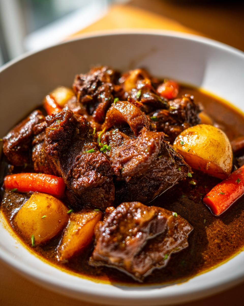 Close-up of rich, dark stew featuring chunks of The Best Plant Based Jamaican Oxtail with carrots and potatoes.