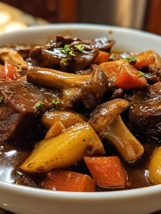 Close-up of rich, dark stew featuring chunks of plant based meat substitute, mushrooms, carrots, and potatoes, representing The Best Plant Based Jamaican Oxtail.