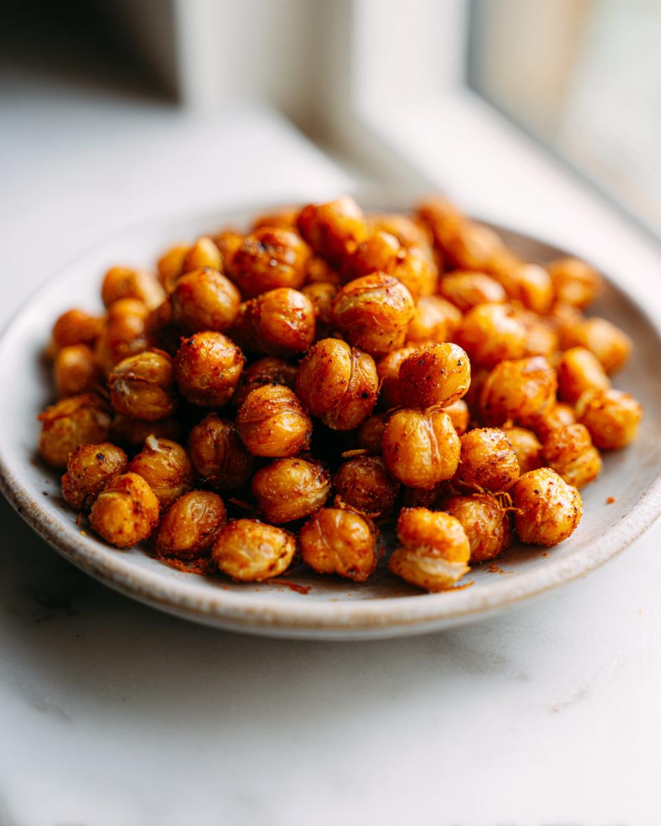 A close-up of perfectly crispy roasted chickpeas seasoned with spices, piled on a light-colored plate.