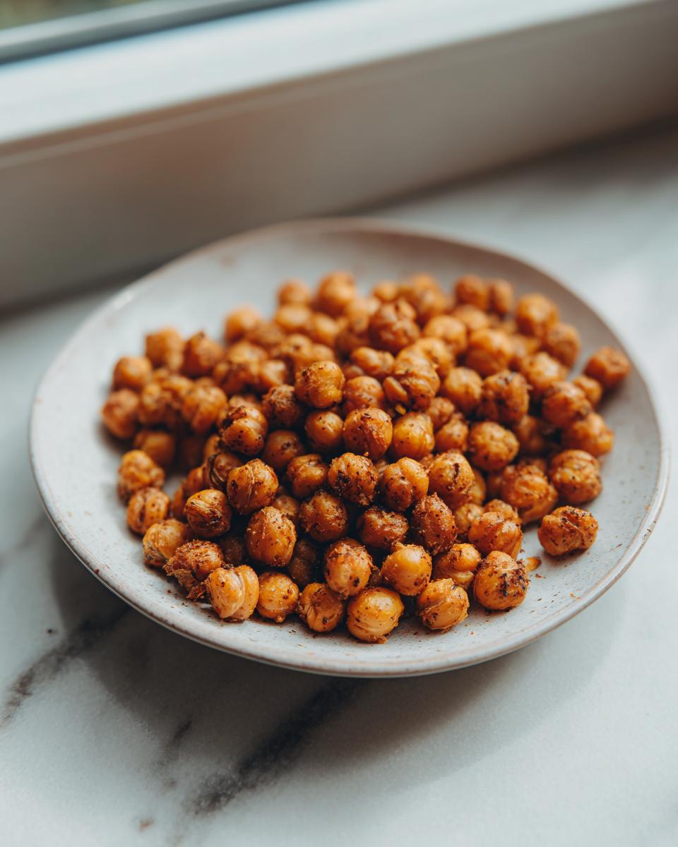 A close-up of crispy, seasoned Roasted Chickpeas piled high on a small, speckled white plate near a window.