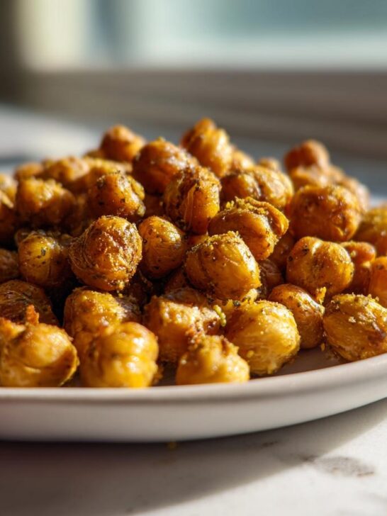 A close-up of perfectly seasoned and crispy roasted chickpeas piled high on a light-colored plate.