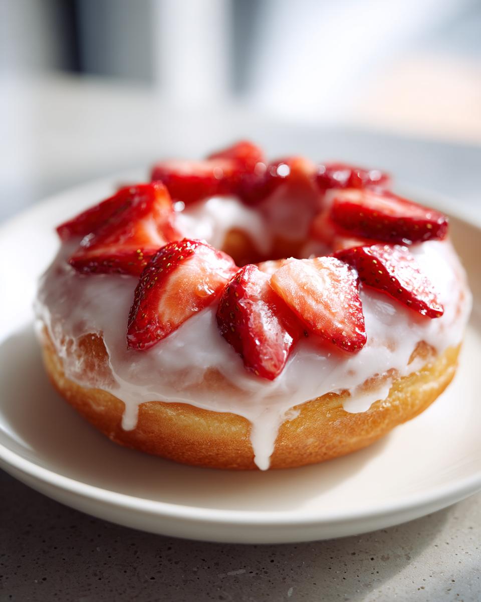 A close-up of The Best Strawberry Shortcake Donuts topped with white glaze and fresh sliced strawberries.