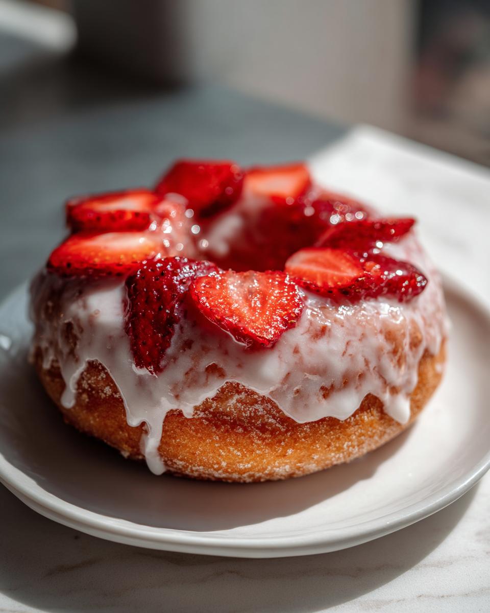 A close-up of The Best Strawberry Shortcake Donuts topped with white glaze and fresh strawberry slices.