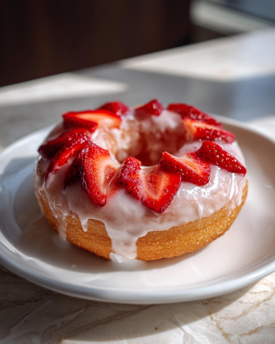 A single baked donut topped with pink glaze and fresh sliced strawberries, representing The Best Strawberry Shortcake Donuts.