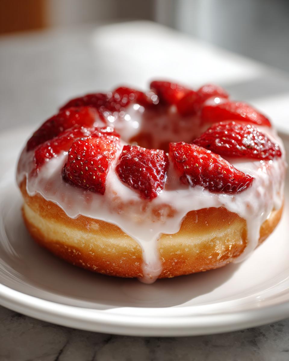 A close-up of The Best Strawberry Shortcake Donuts topped with white glaze and fresh strawberry slices.