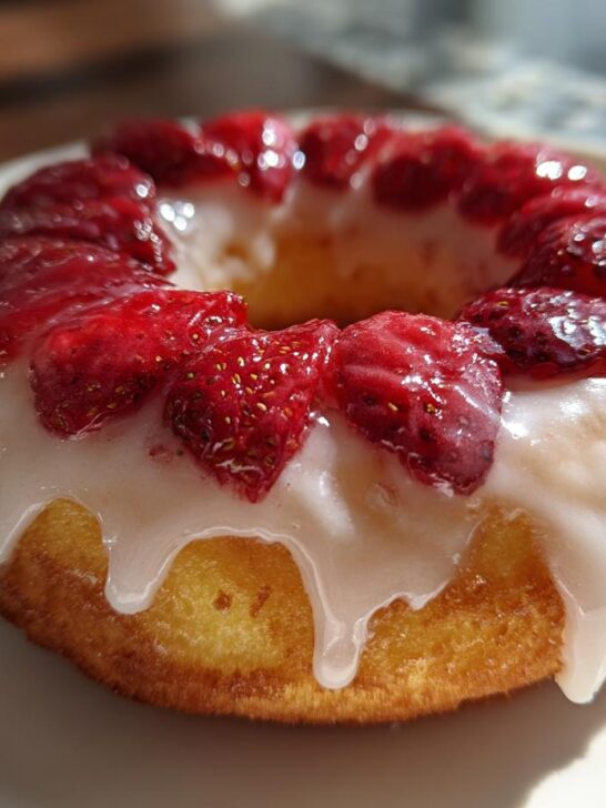 A close-up of The Best Strawberry Shortcake Donuts topped with white glaze and sliced strawberries.
