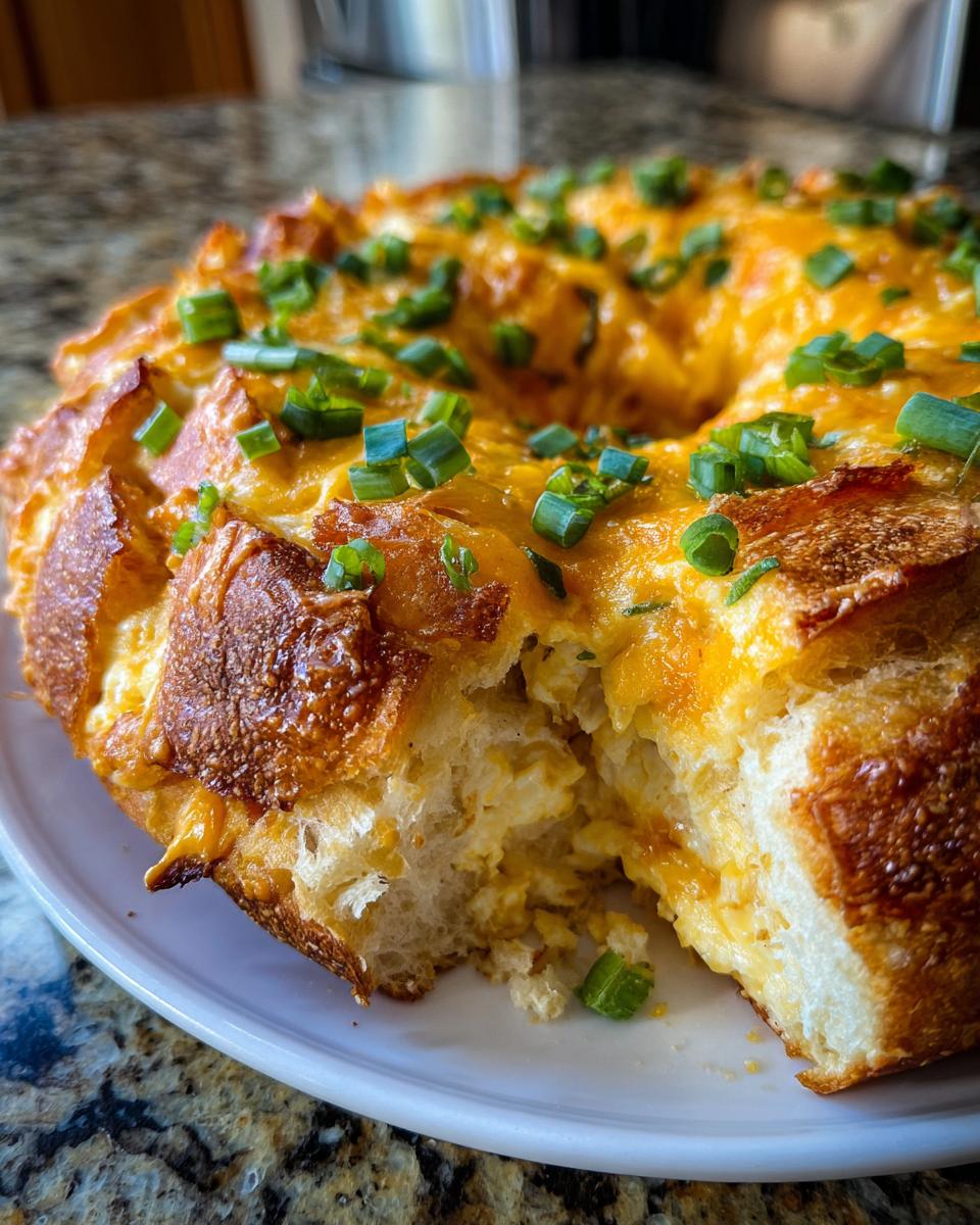 A freshly baked Bread Ring Cheese Dip, golden brown and topped with melted cheese and chopped green onions.