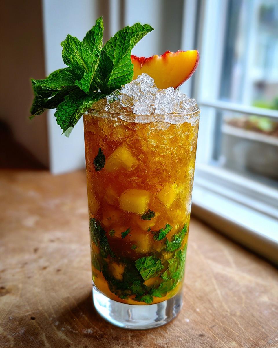A tall glass filled with a Brown Sugar Peach Mint Julep Mocktail, crushed ice, mint, and a peach slice garnish.