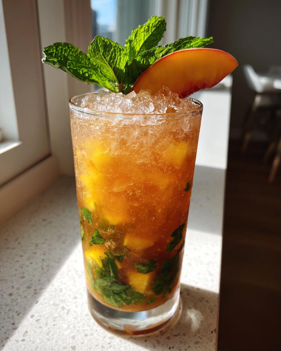 A tall glass filled with a Brown Sugar Peach Mint Julep Mocktail, crushed ice, mint leaves, and a peach slice garnish.