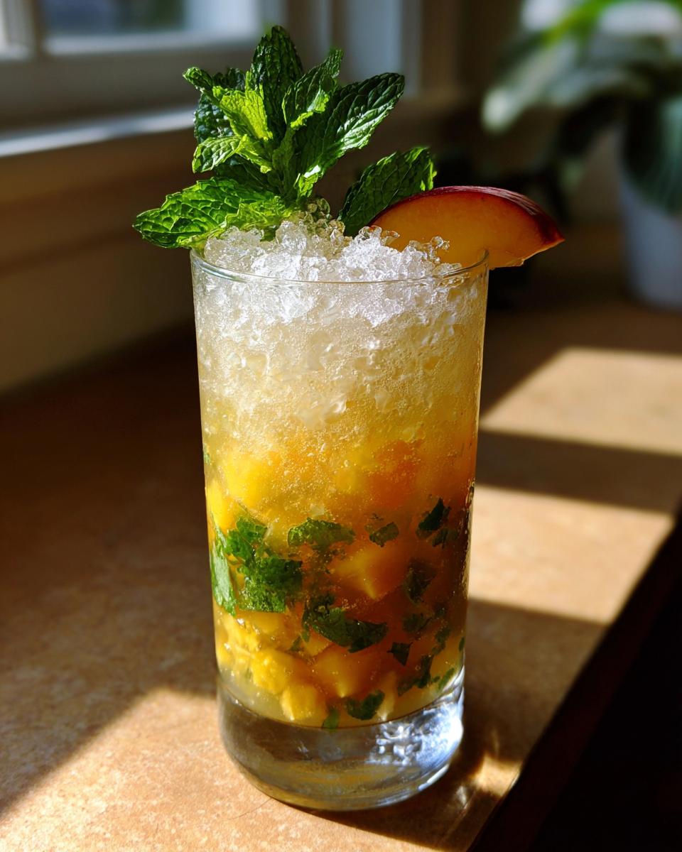 A tall glass filled with a Brown Sugar Peach Mint Julep Mocktail, crushed ice, diced peaches, and mint.