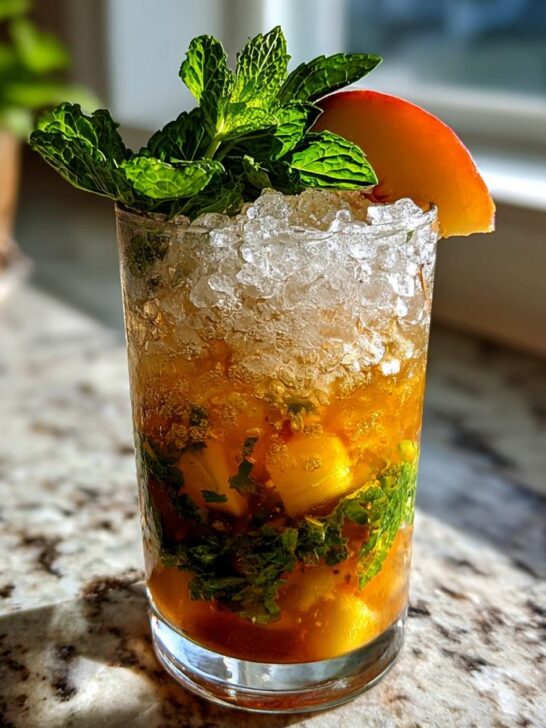 A tall glass filled with a Brown Sugar Peach Mint Julep Mocktail, crushed ice, muddled mint, and garnished with a peach slice.