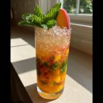 A tall glass filled with a Brown Sugar Peach Mint Julep Mocktail, garnished with fresh mint and a peach slice.